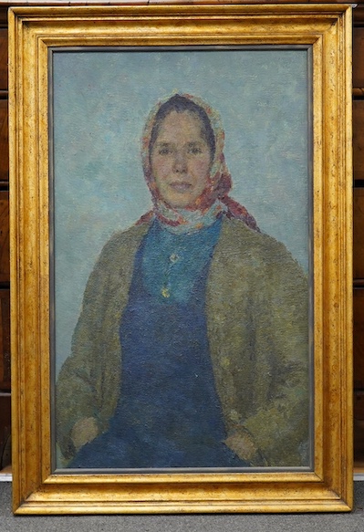 Grigori Izrailevich Tseitlin (Russian, 1911-1999), oil on board, Impressionist half length portrait of a lady, unsigned, label verso, 77 x 47cm, gilt framed. Condition - good